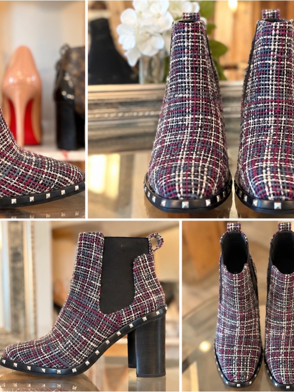 Charles By Charles David Burgundy Plaid Tweed Chelsea Booties